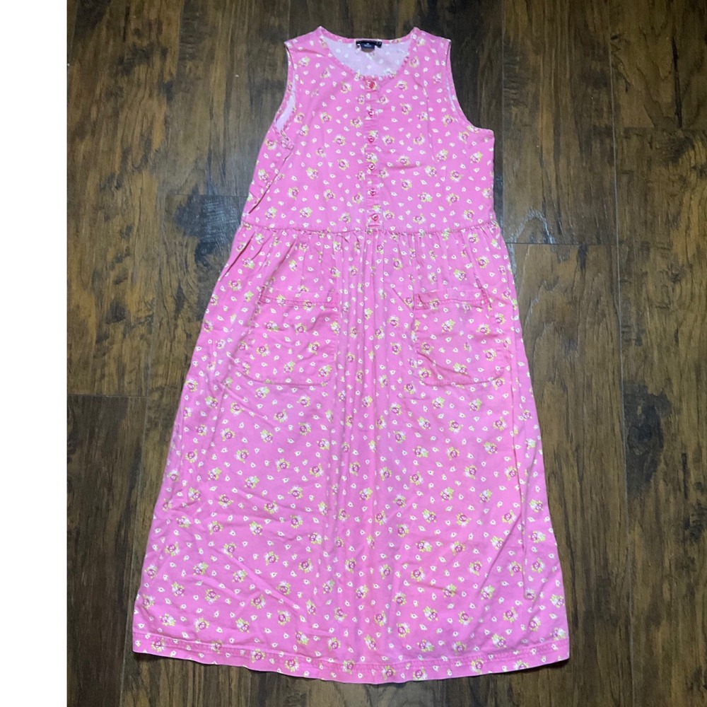 Lands End Pink Floral Sleeveless Midi Dress Pockets Size 16 Cottagecore Knit